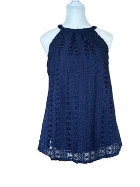 CABLE & GAUGE Halter Neck Crocheted Top, Lined, Keyhole Back w/Button, Size L.